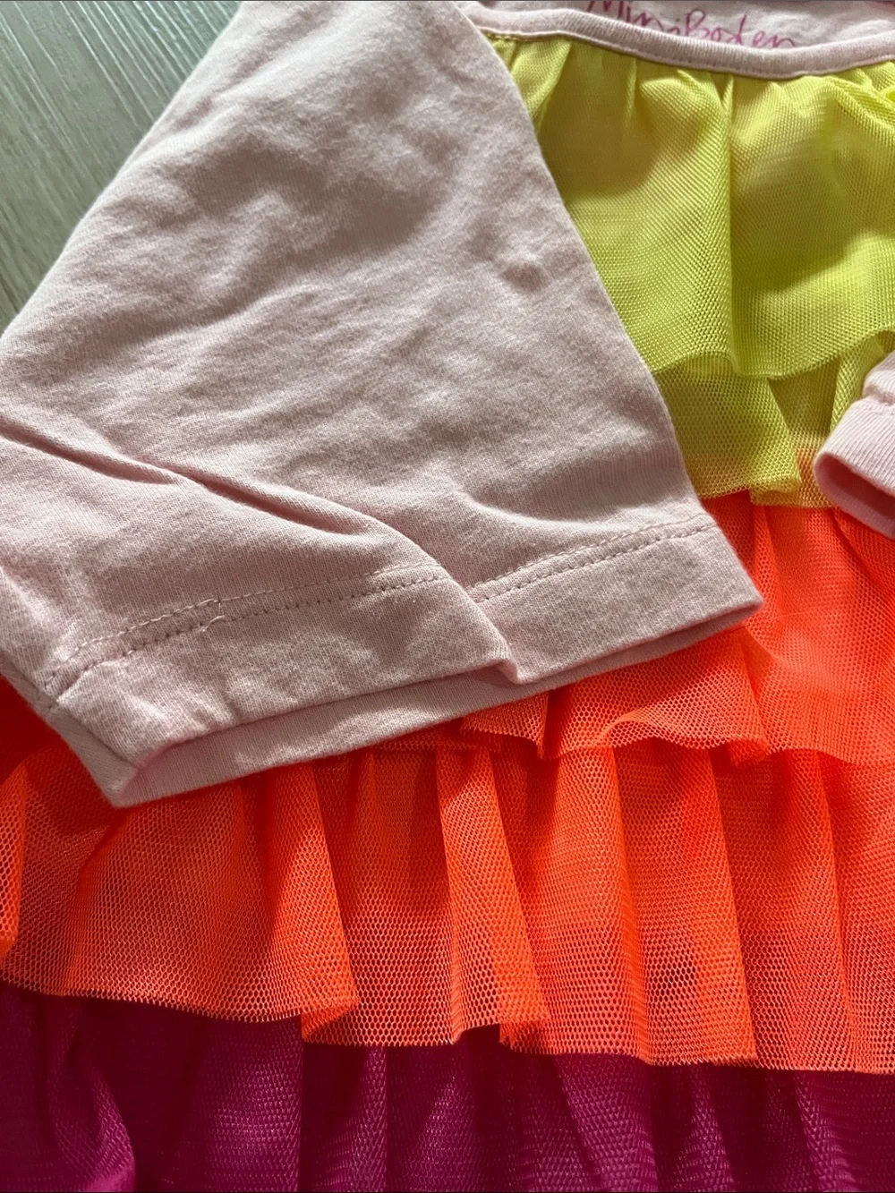 Mini Boden Pink Tee with Rainbow Ruffle Front